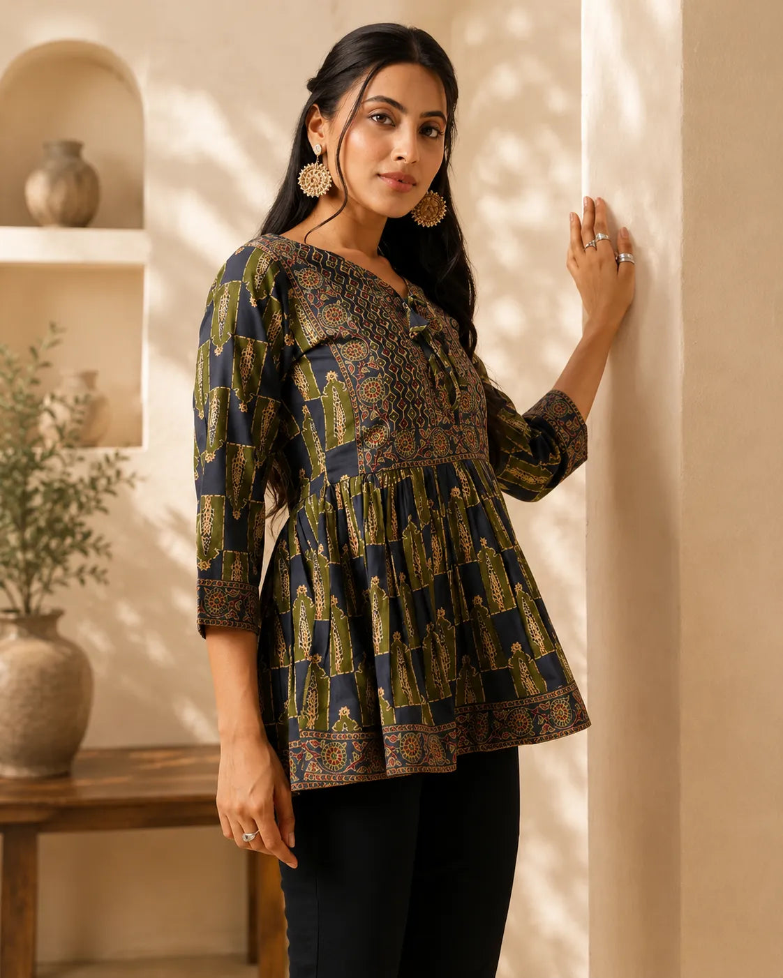 Women's Navy Blue Ethnic Printed Peplum Top
