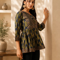 Women's Navy Blue Ethnic Printed Peplum Top