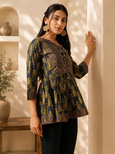 Women's Navy Blue Ethnic Printed Peplum Top