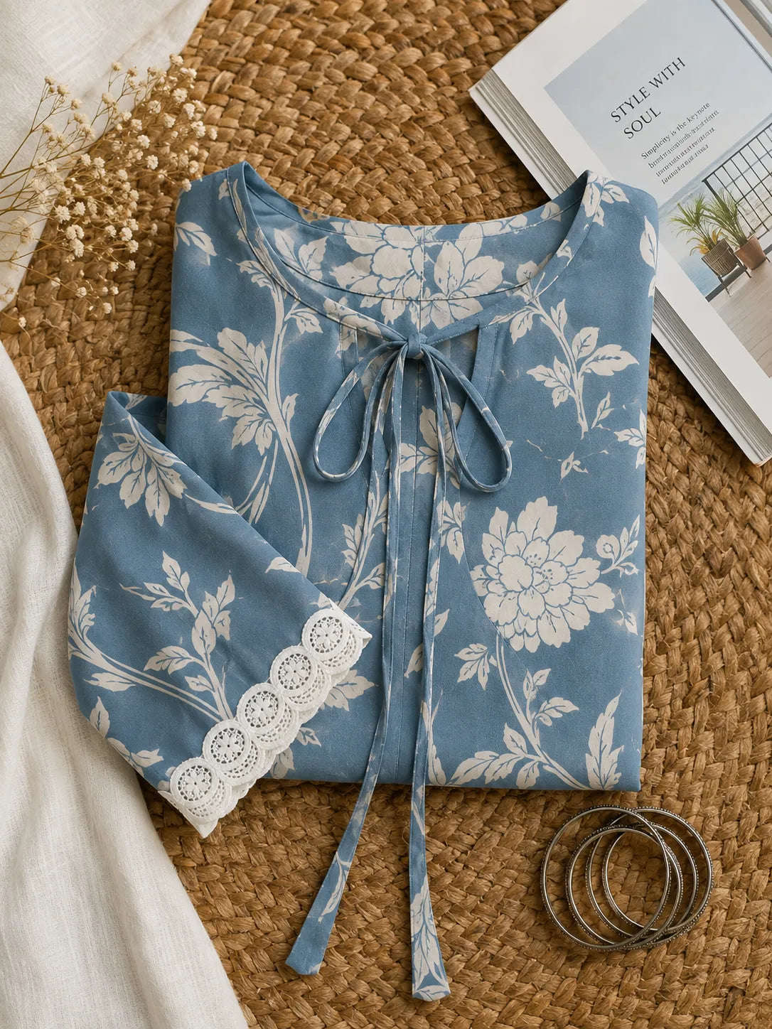 Women's Sky Blue Floral Printed Kurta with Lace Sleeves