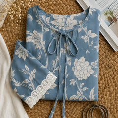 Women's Sky Blue Floral Printed Kurta with Lace Sleeves