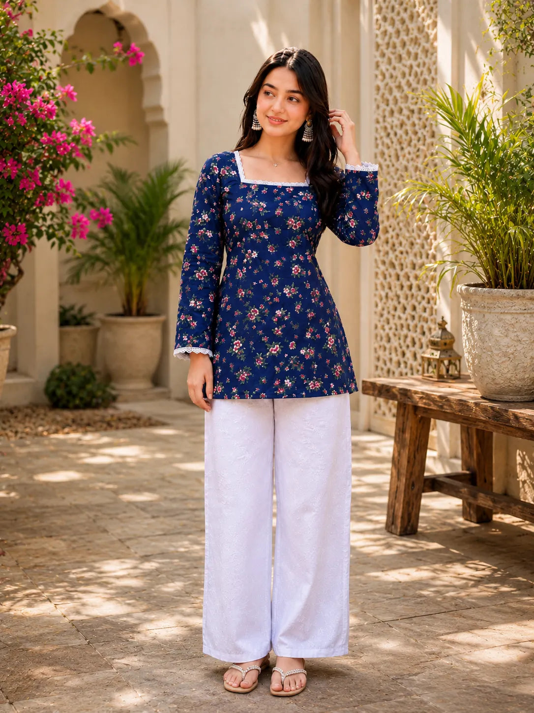 Women’s Printed Kurti with Square Neck & Lace Detail