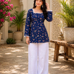 Women’s Printed Kurti with Square Neck & Lace Detail