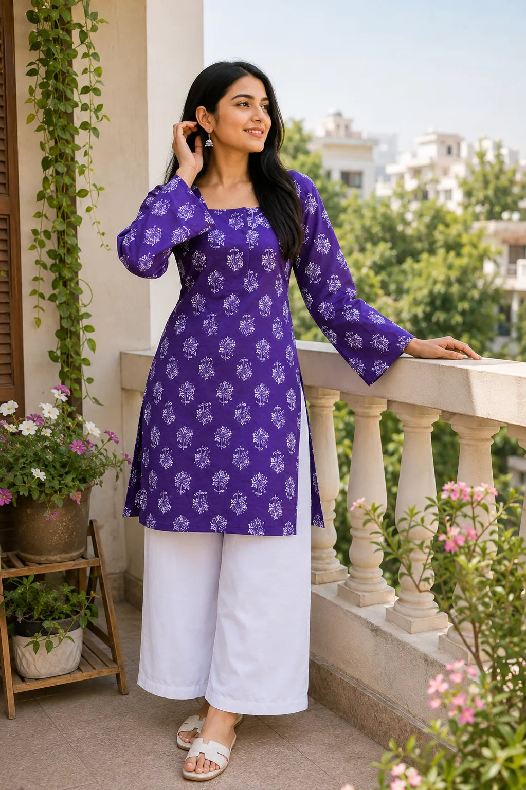 Purple Floral Printed Kurti for Women – Square Neck Cotton Ethnic Tunic