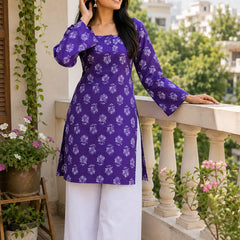Purple Floral Printed Kurti for Women – Square Neck Cotton Ethnic Tunic