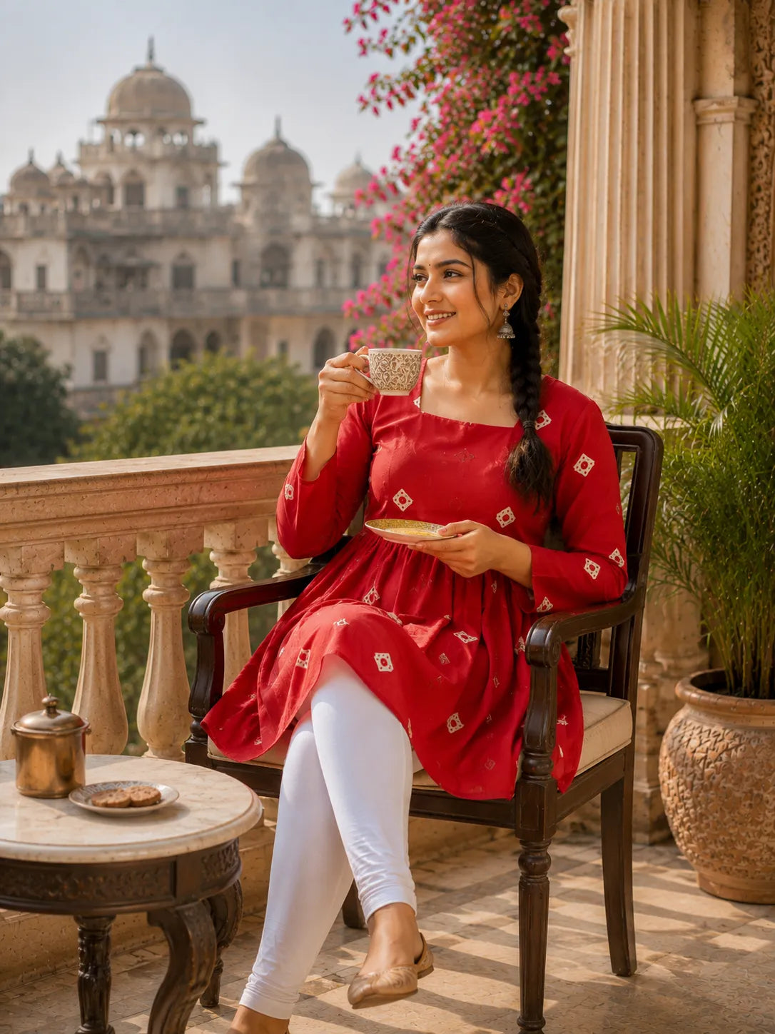 Red Printed Cotton Anarkali Kurti for Women – Flared Ethnic Tunic