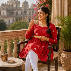 Red Printed Cotton Anarkali Kurti for Women – Flared Ethnic Tunic