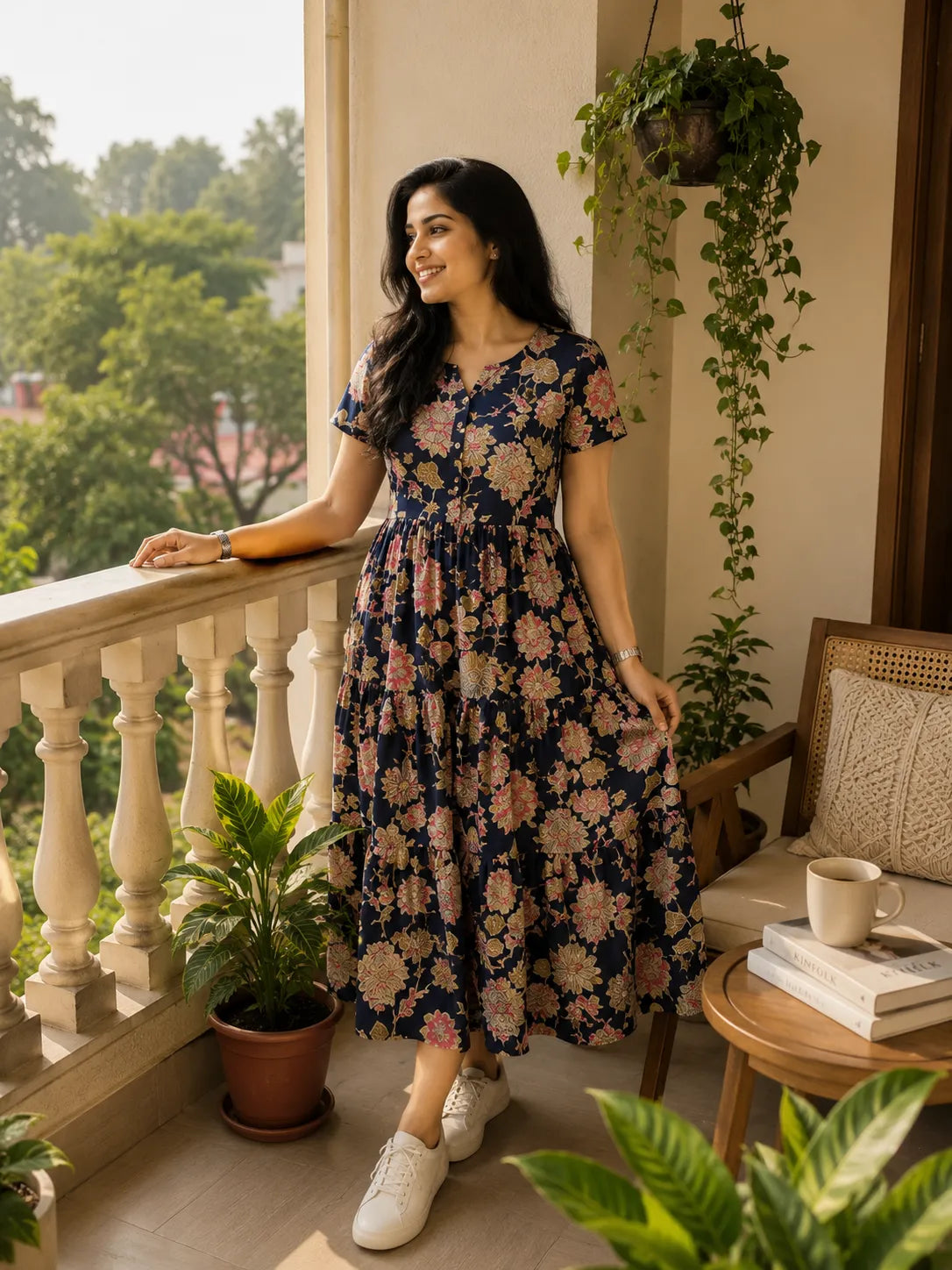 Yellow Floral Tiered Midi Dress for Women – Printed Cotton Dress with Puff Sleeves