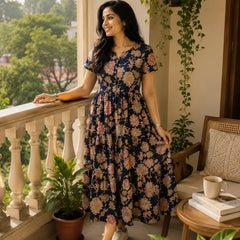 Yellow Floral Tiered Midi Dress for Women – Printed Cotton Dress with Puff Sleeves