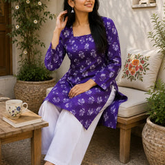 Purple Floral Printed Kurti for Women – Square Neck Cotton Ethnic Tunic