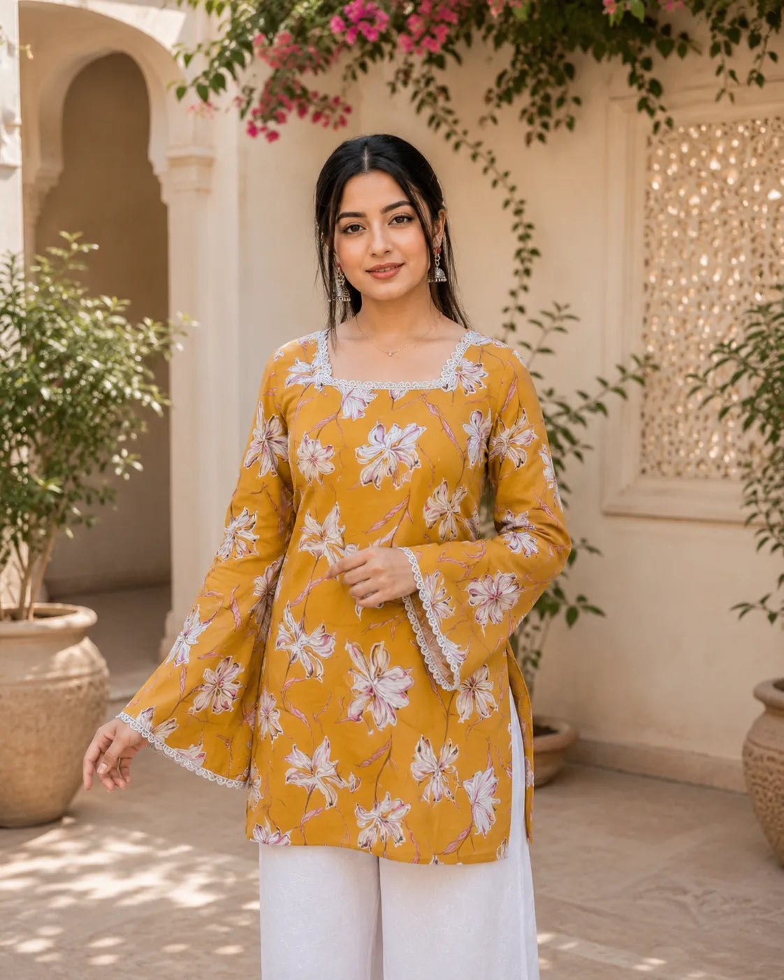 Women’s Floral Printed Kurti with Flared Sleeves