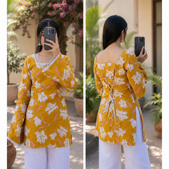 Women’s Floral Printed Kurti with Flared Sleeves
