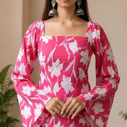 Women’s Floral Printed Kurti with Flared Sleeves