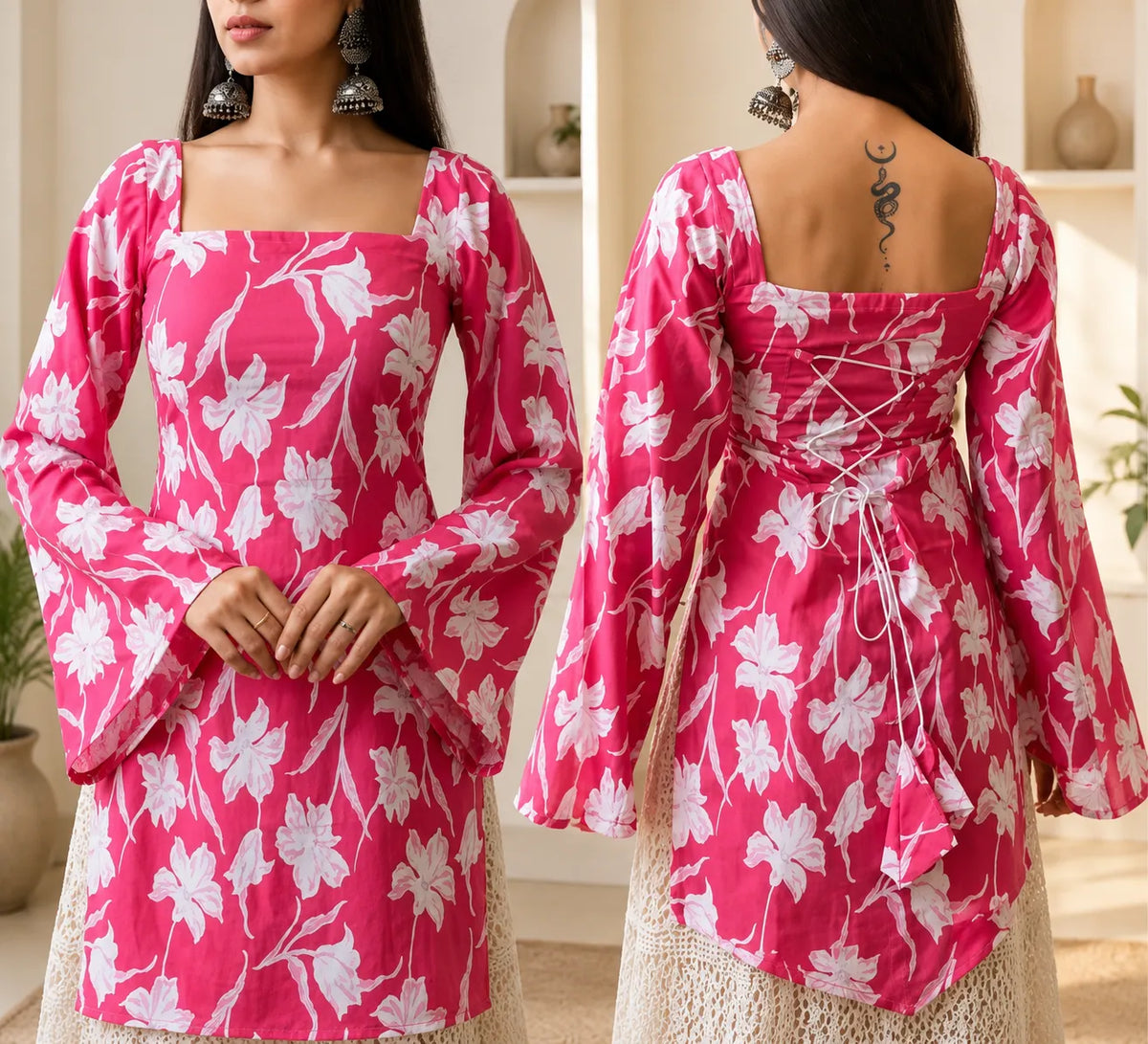Women’s Floral Printed Kurti with Flared Sleeves