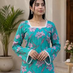 Women's Floral Printed Lace Neck Kurti