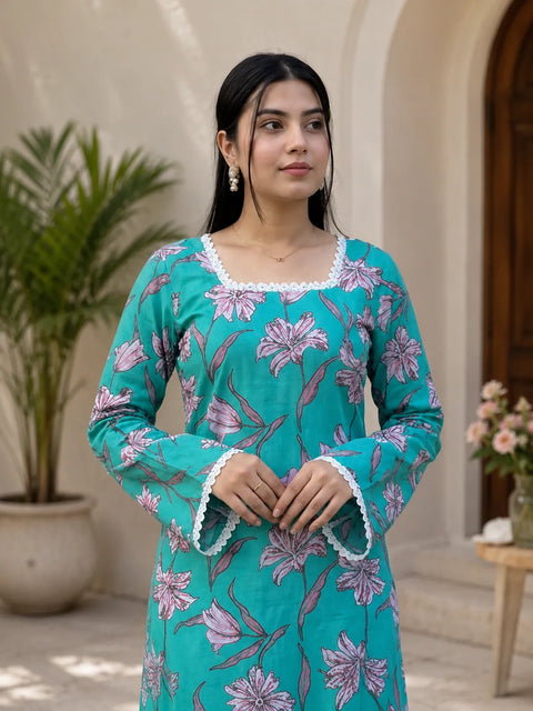 Women's Floral Printed Lace Neck Kurti