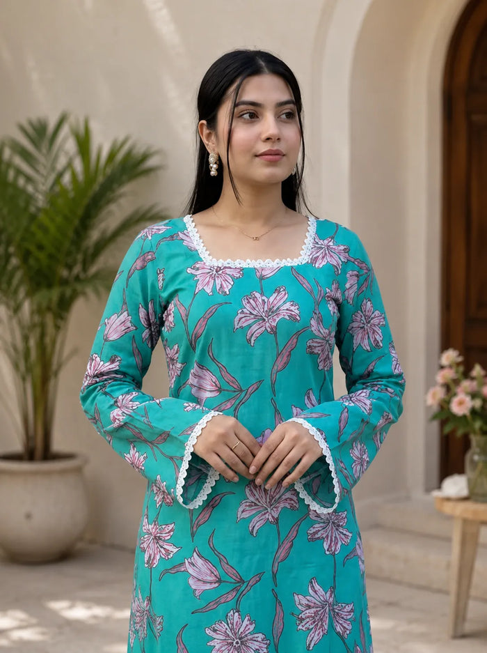 Women's Floral Printed Lace Neck Kurti