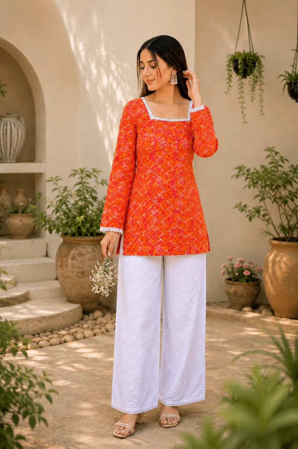 Women’s Printed Kurti with Square Neck & Lace Detail