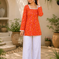 Women’s Printed Kurti with Square Neck & Lace Detail