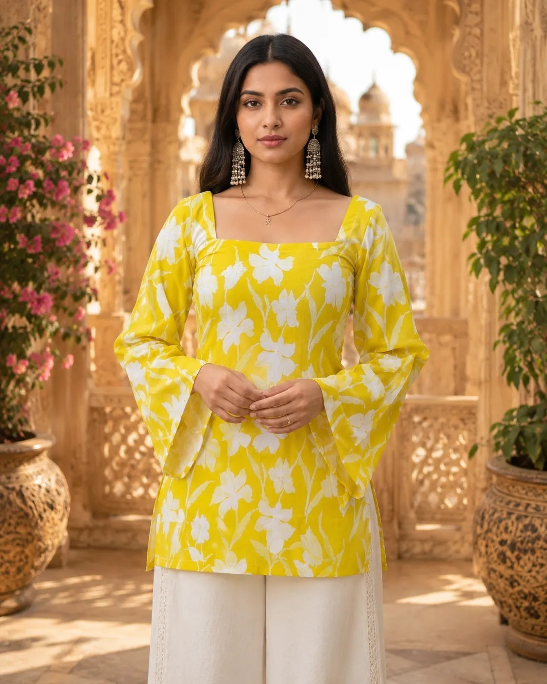 Women’s Floral Printed Kurti with Flared Sleeves