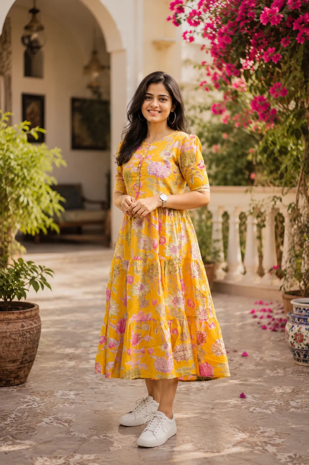 Yellow Floral Tiered Midi Dress for Women – Printed Cotton Dress with Puff Sleeves