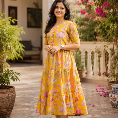 Yellow Floral Tiered Midi Dress for Women – Printed Cotton Dress with Puff Sleeves