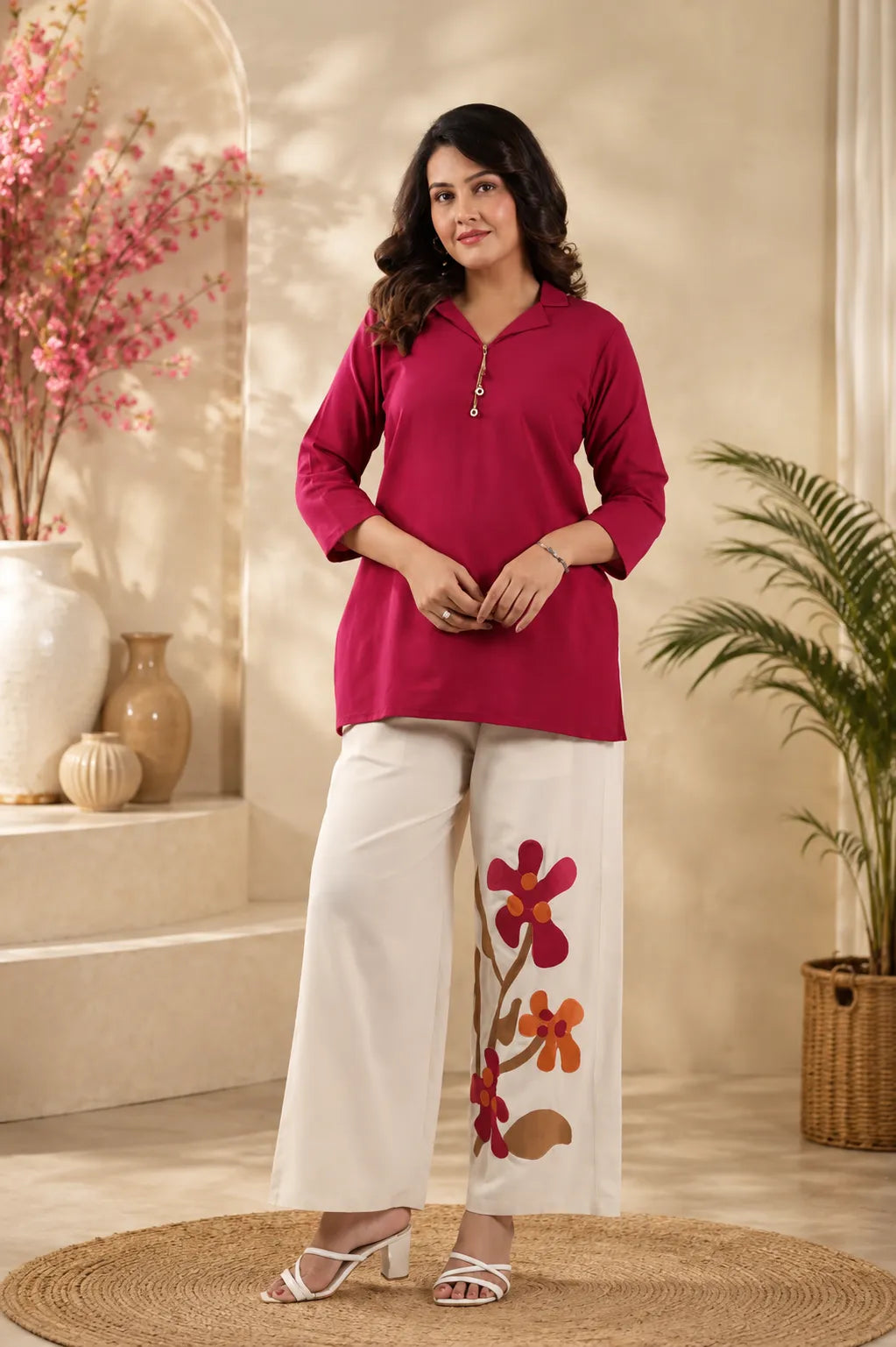 Women’s Floral Wide Leg Co-Ord Set – Solid Pink Top & Printed Palazzo Pants