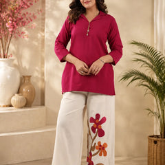 Women’s Floral Wide Leg Co-Ord Set – Solid Pink Top & Printed Palazzo Pants