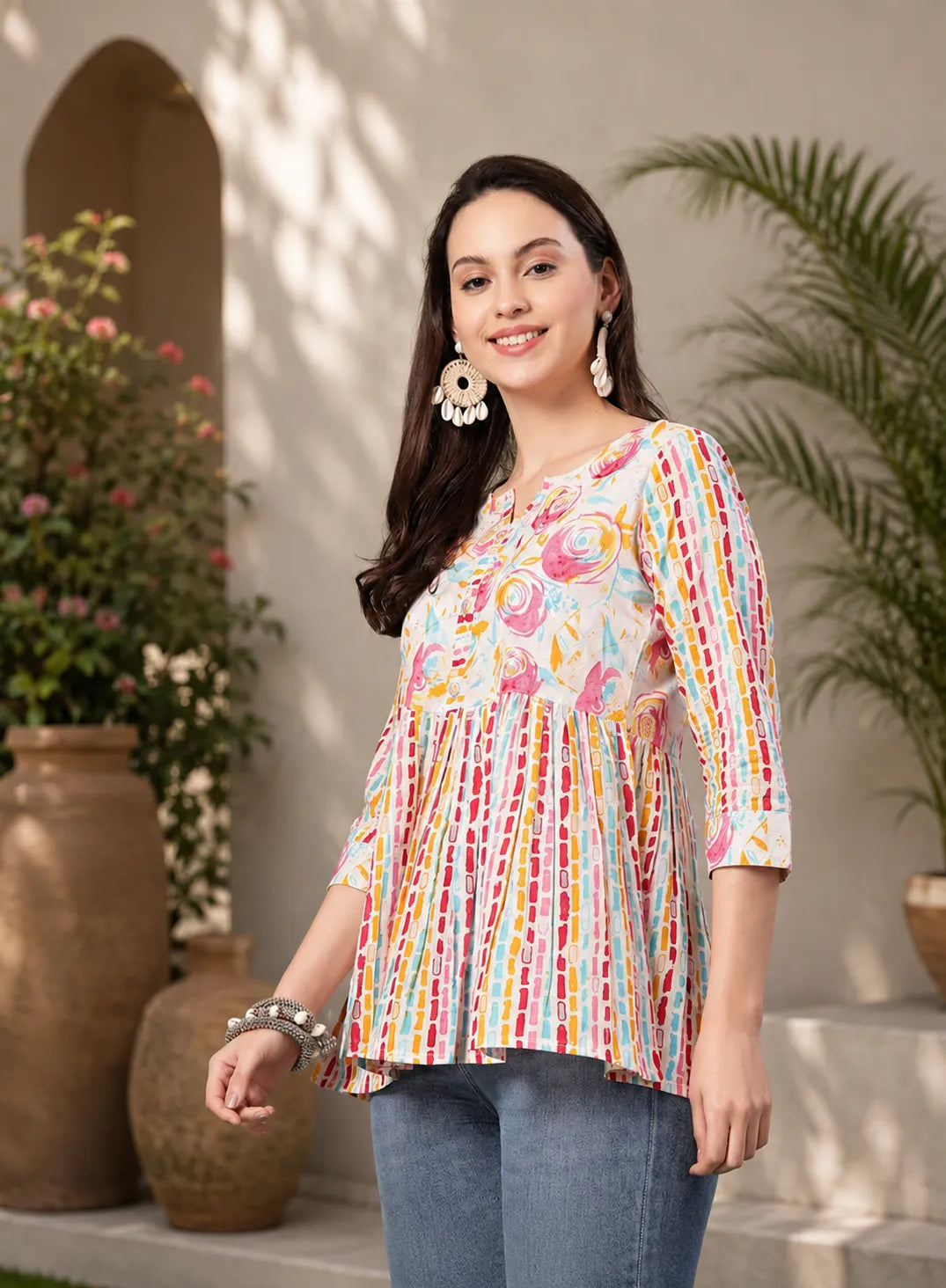 Women's White Floral Printed Peplum Top