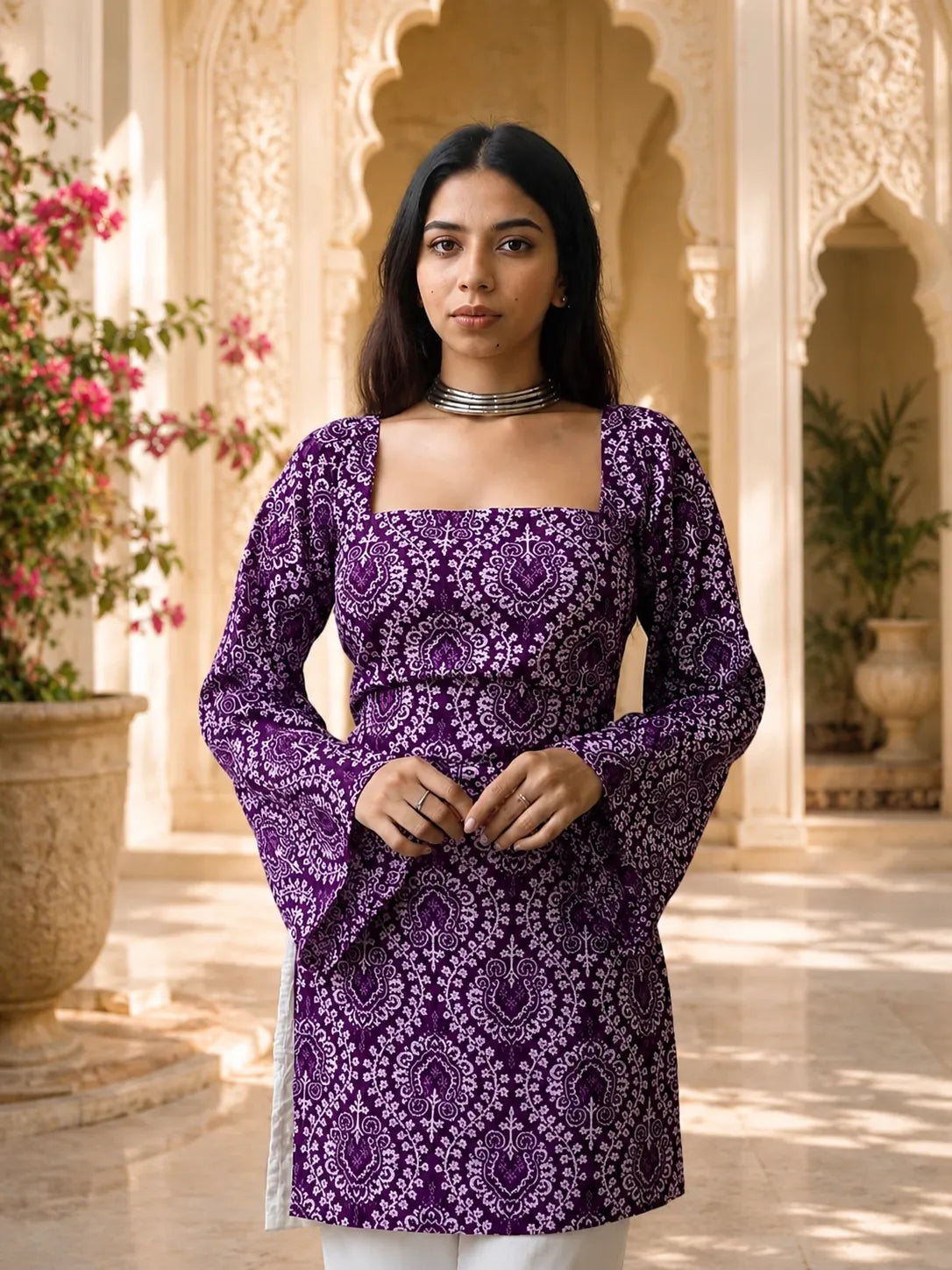 Printed Square Neck Flare Sleeve Kurti