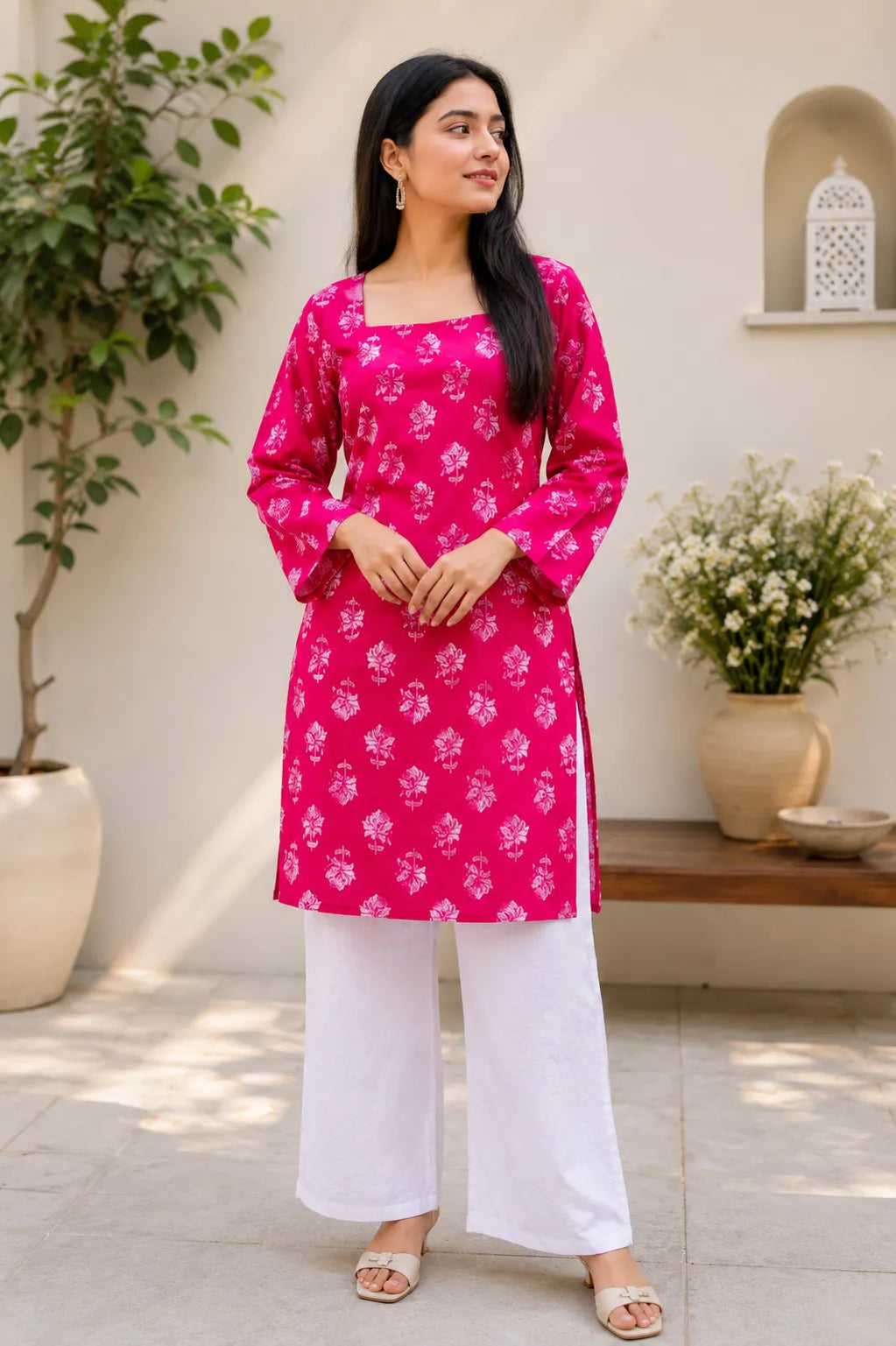 Purple Floral Printed Kurti for Women – Square Neck Cotton Ethnic Tunic