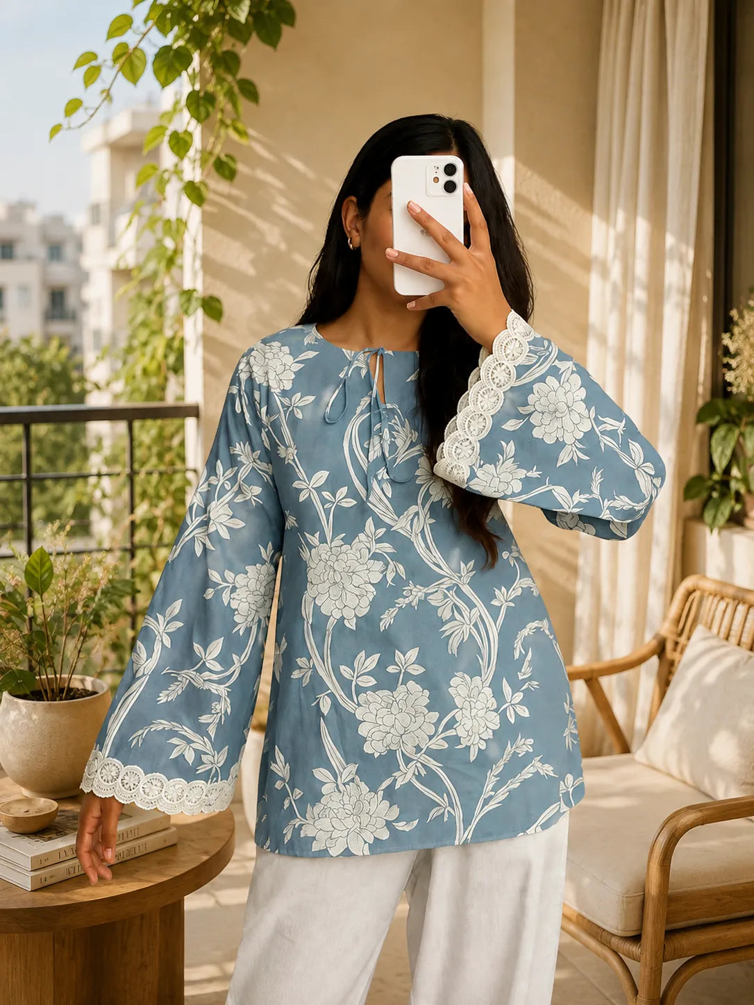 Women's Sky Blue Floral Printed Kurta with Lace Sleeves