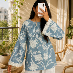 Women's Sky Blue Floral Printed Kurta with Lace Sleeves
