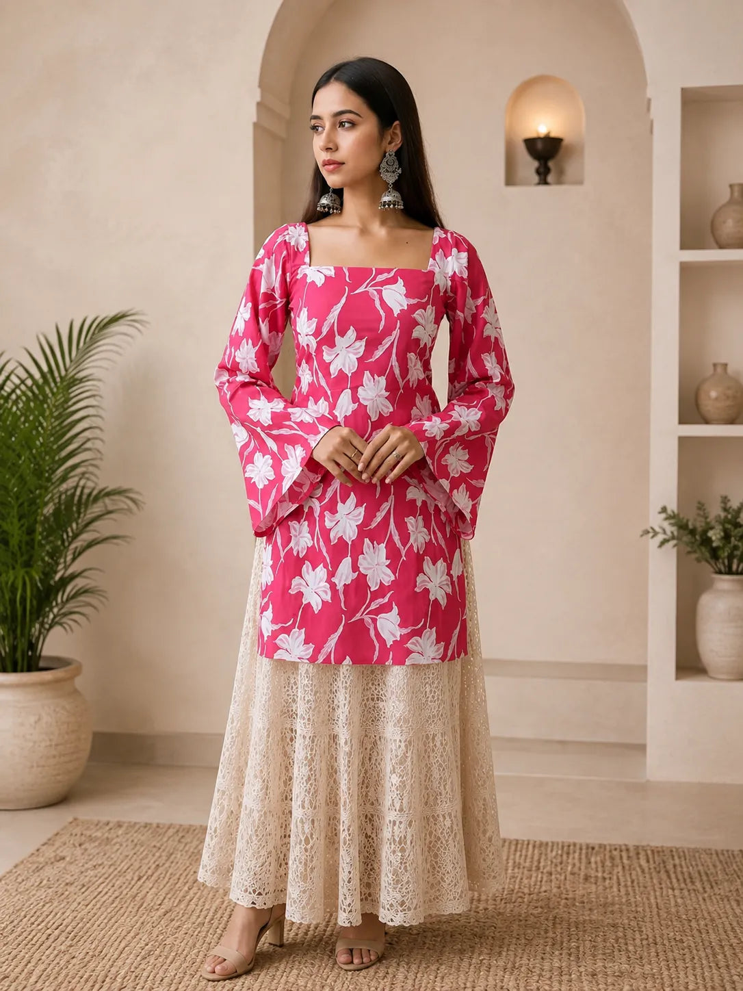 Women’s Floral Printed Kurti with Flared Sleeves