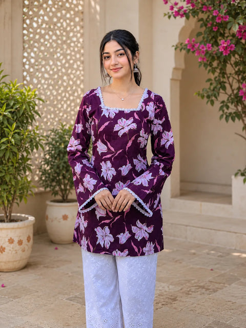 Women’s Floral Printed Kurti with Flared Sleeves
