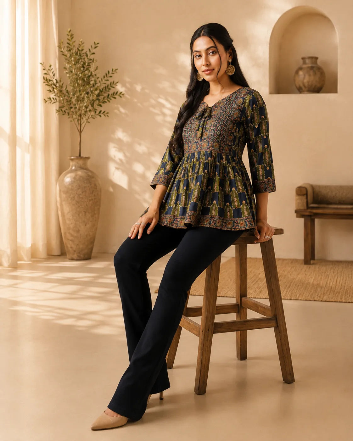 Women's Navy Blue Ethnic Printed Peplum Top