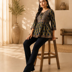 Women's Navy Blue Ethnic Printed Peplum Top