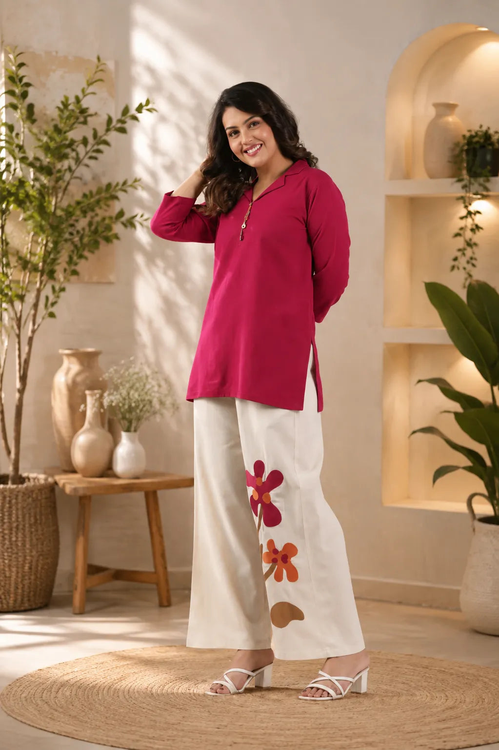 Women’s Floral Wide Leg Co-Ord Set – Solid Pink Top & Printed Palazzo Pants