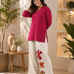 Women’s Floral Wide Leg Co-Ord Set – Solid Pink Top & Printed Palazzo Pants