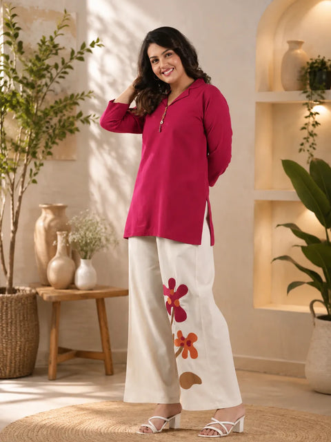 Women’s Floral Wide Leg Co-Ord Set – Solid Pink Top & Printed Palazzo Pants