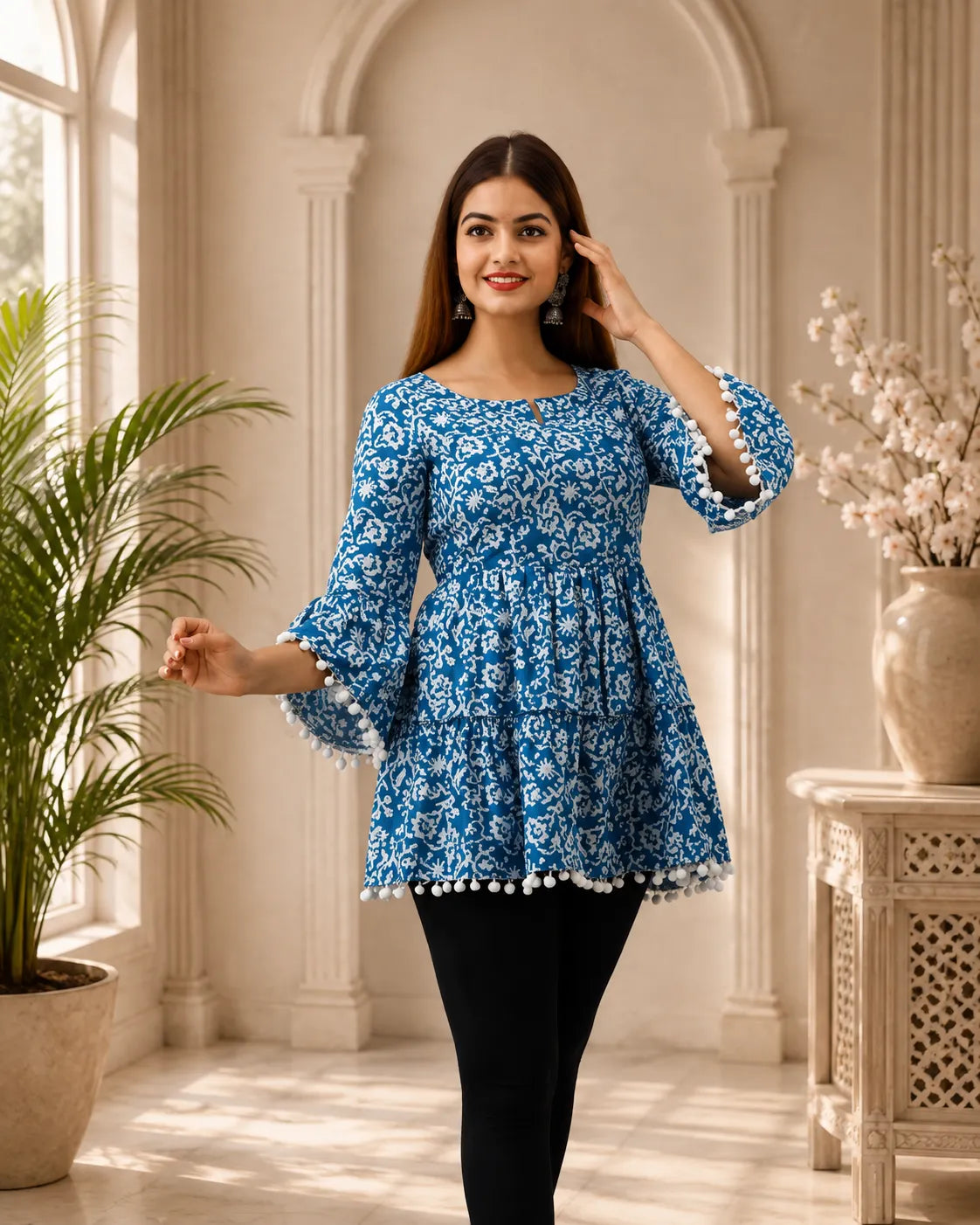 Blue Floral Peplum Kurti with Bell Sleeves