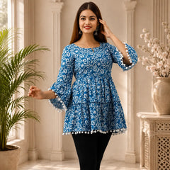 Blue Floral Peplum Kurti with Bell Sleeves