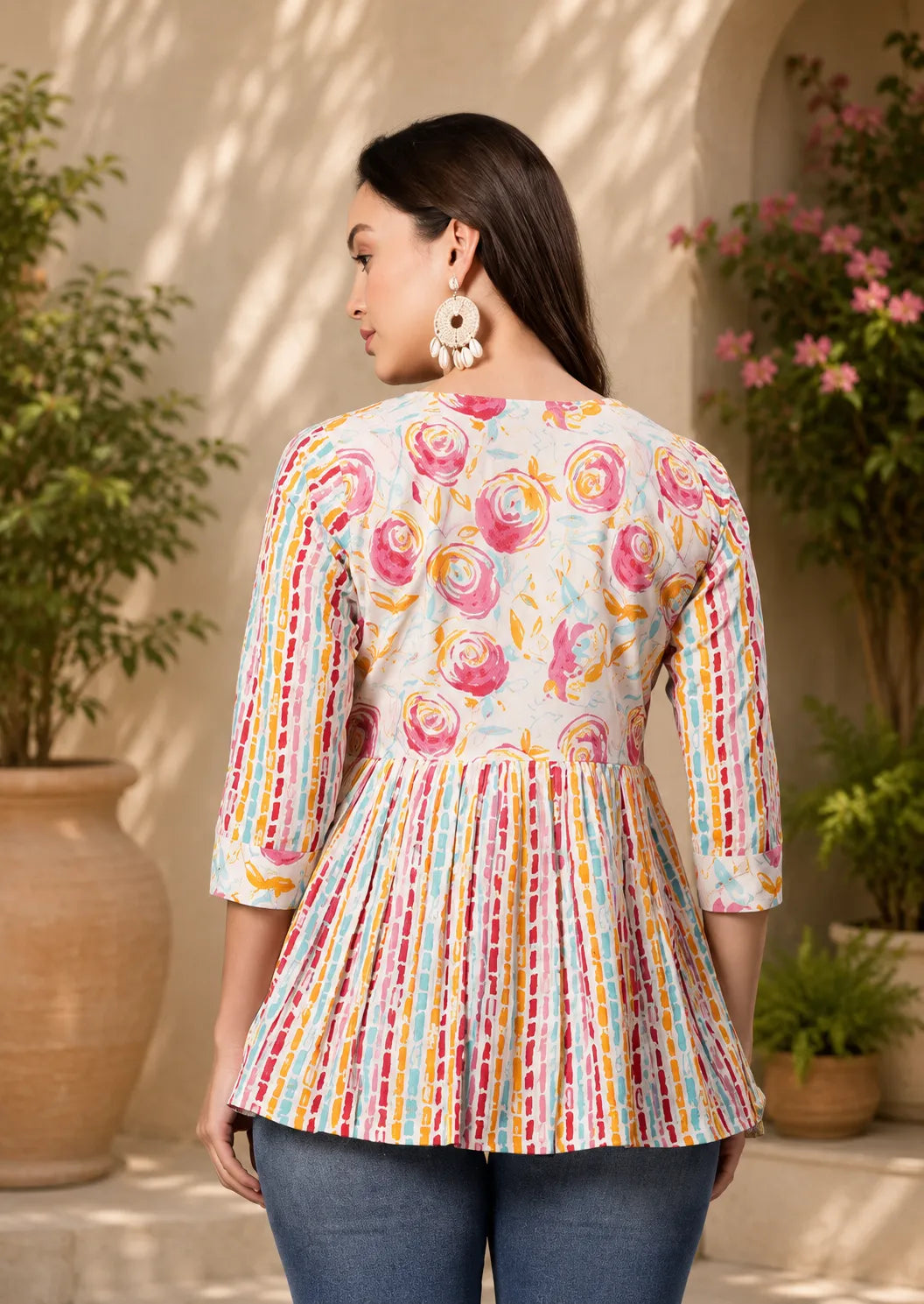 Women's White Floral Printed Peplum Top