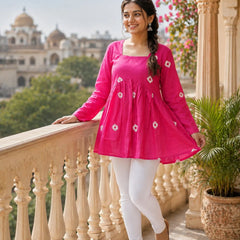 Red Printed Cotton Anarkali Kurti for Women – Flared Ethnic Tunic