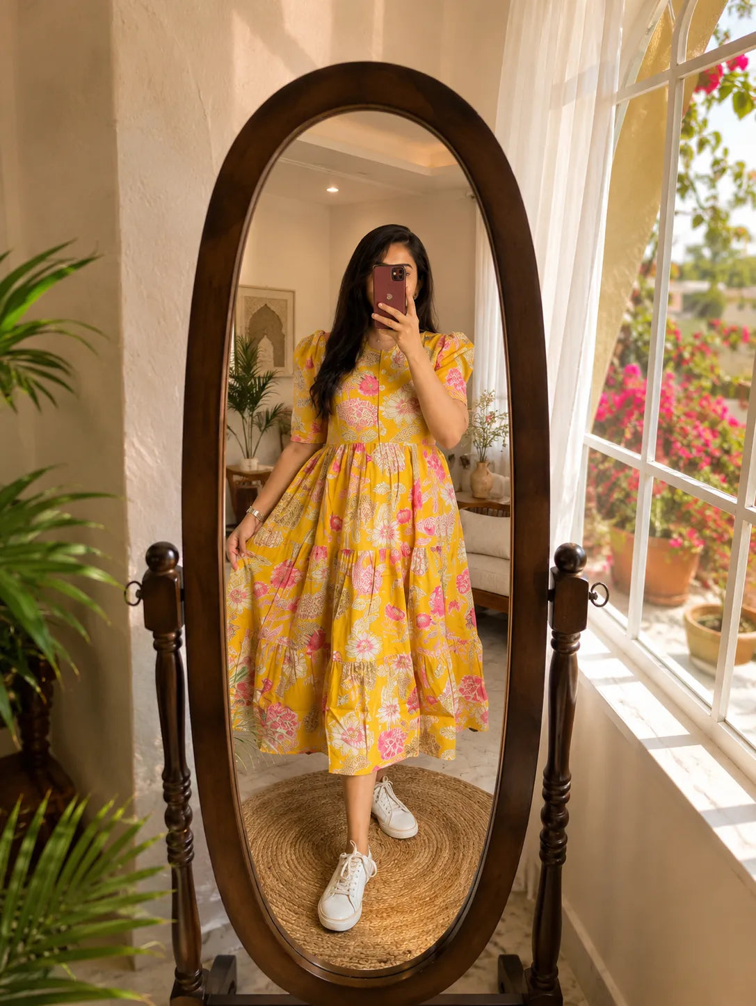Yellow Floral Tiered Midi Dress for Women – Printed Cotton Dress with Puff Sleeves