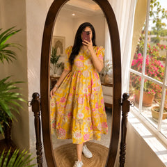 Yellow Floral Tiered Midi Dress for Women – Printed Cotton Dress with Puff Sleeves