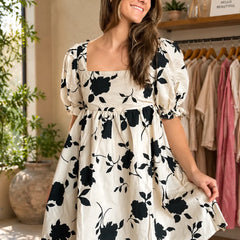 Black Floral Square Neck Dress