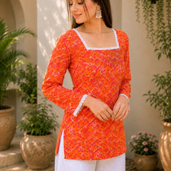 Women’s Printed Kurti with Square Neck & Lace Detail