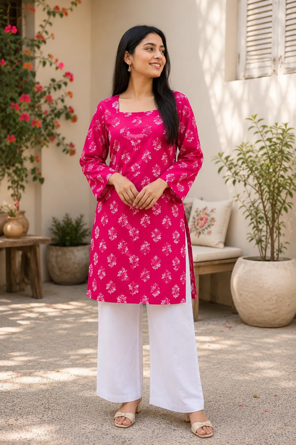 Purple Floral Printed Kurti for Women – Square Neck Cotton Ethnic Tunic