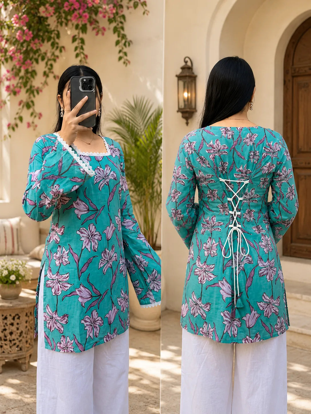 Women's Floral Printed Lace Neck Kurti